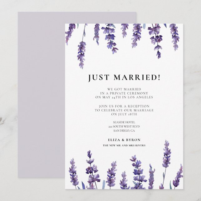 Just married Elegant lavender wedding announcement (Front/Back)