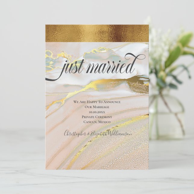 Just Married Elegant Pink Faux Gold Announcement (Standing Front)