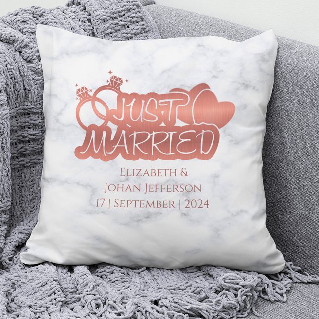 Just Married Elegant Rose Gold Wedding Souvenirs Throw Pillow (Creator Uploaded)