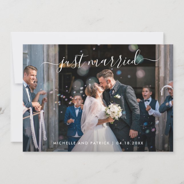 Just Married Elegant Script Photo Elopement Announcement (Front)