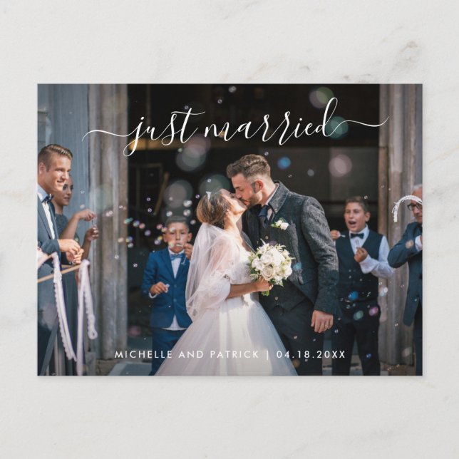 Just Married Elegant Script Photo Elopement Announcement Postcard (Front)