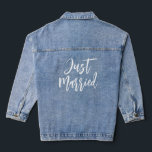 Just Married Elegant White Script Typography Denim Jacket<br><div class="desc">Simple and elegant custom white script calligraphy- Just Married. Perfect gift for a new bride.</div>