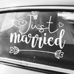 Just married elegant white script wedding window cling<br><div class="desc">Spread the news of your wedding with this romantic white "Just Married" sticker featuring a modern white script font text decorated with lovely hearts.</div>