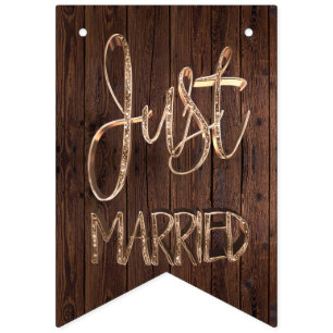 Just Married Elegant Wood Gold Typography Wedding Bunting Flags