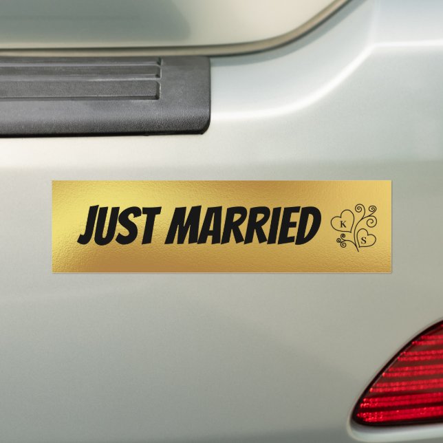 Just Married Faux Gold Couples Monogrammed  Bumper Sticker (On Car)