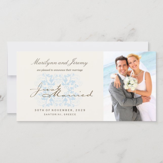 Just Married Flourish Wedding Photo Announcement (Front)