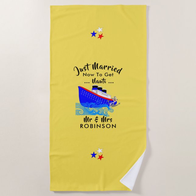 Just Married Funny Cruise Ship Personalized Beach Towel (Front)