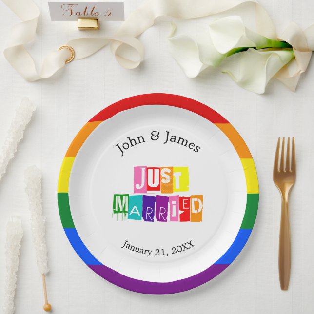Just Married Gay Wedding Couple LGBTQ Paper Plate (Wedding)
