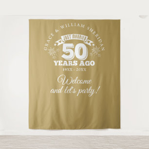 Just Married Gold 50th Anniversary Photo Backdrop Tapestry