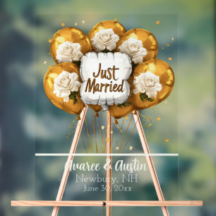 Just Married Gold Balloons White Roses  Acrylic Sign
