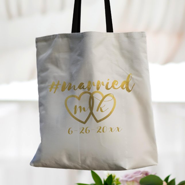 Just Married Gold Heart Monogram Wedding Tote Bag (Add the married couple's initials to the gold hearts and your wedding date too)