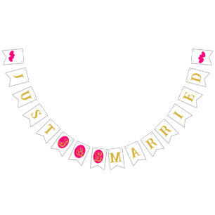"Just married" gold magenta hearts  Bunting Flags