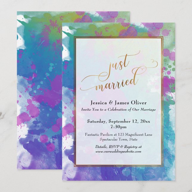 Just Married Gold Script Colourful Artsy Reception Invitation (Front/Back)
