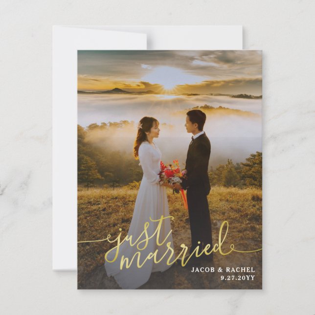 Just Married Gold Script Overlay Photo Wedding Announcement (Front)