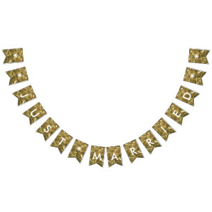 Just Married Gold White Glitter Wedding Party Bunting Flags