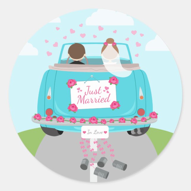 Just Married Green, Blue Turquoise Wedding Classic Round Sticker (Front)