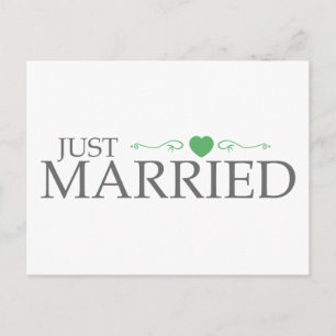 Just Married (Green Heart Scroll) Announcement Postcard