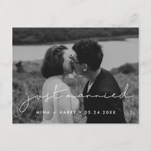 Just married Handwritten minimalist wedding photo Postcard