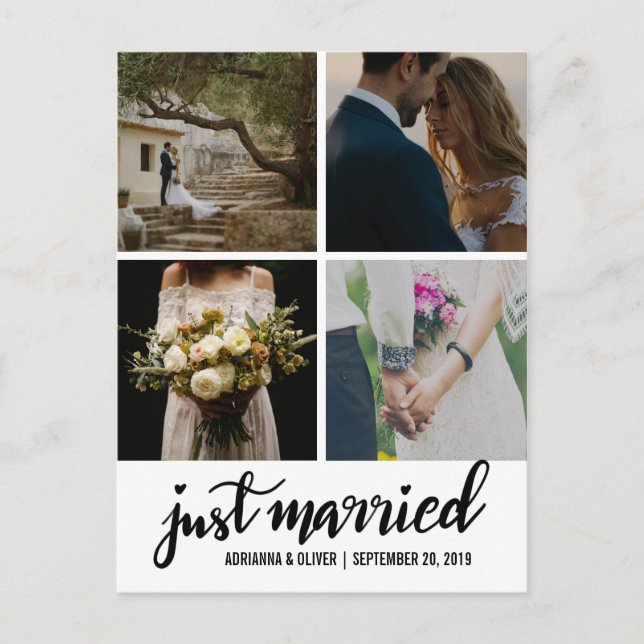 Just Married Handwritten Script Wedding Photo Announcement Postcard (Front)