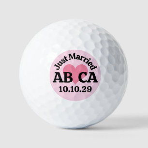 JUST MARRIED Heart & Monograms on Pink Background Golf Balls