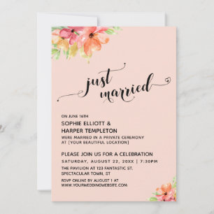 Just Married Hearts Script Blush Boho Flowers Invitation