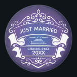 Just Married Honeymoon Cruise Magnet<br><div class="desc">Fun magnet for your home or while sailing away on your destination honeymoon cruise ship vacation. Purple and blue gradient background accented with a stylish emblem. Just Married design includes a cruise ship and the year of your wedding. Perfect for a stateroom cabin door marker to help you find your...</div>