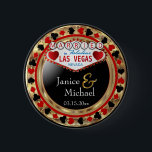 Just Married in Fabulous Las Vegas - Red 2 Inch Round Button<br><div class="desc">Button. Do it in style with this Popular Las Vegas Wedding. Featured in a red , black and faux gold metallic poker chip style designed with the saying "Married in Fabulous Las Vegas Nevada" ready for you to personalize. Makes a great party favour keepsake for your guests. More colours are...</div>