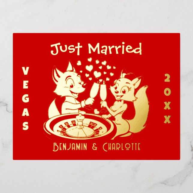 Just Married In Las Vegas, Fox Couple Red And Gold Foil Holiday Postcard (Front)
