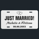 Just married license plate for wedding car<br><div class="desc">Custom Just married license plate for classy wedding car. Personalize it with your wedding day / date and name of bride and groom. Custom background colour. ie black and white. Funny gift for newly weds, honeymooners, newlyweds couple. Includes interlocking hearts design. Interlocked love symbol. Elegant typography for fancy marriage. Cute...</div>