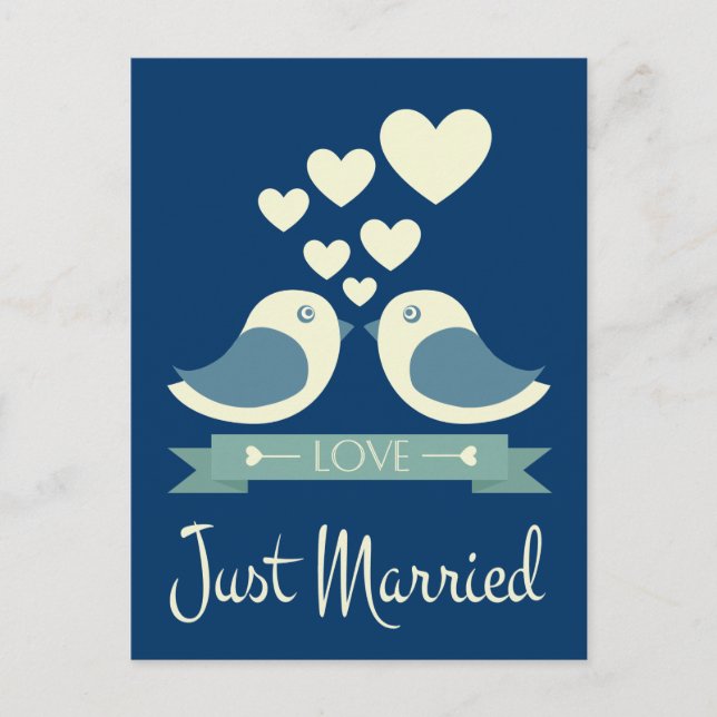 Just Married Lovebirds Blue Wedding Postcard (Front)