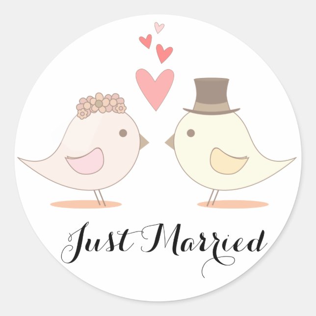 Just Married Lovebirds Pink Wedding Announcement Classic Round Sticker (Front)