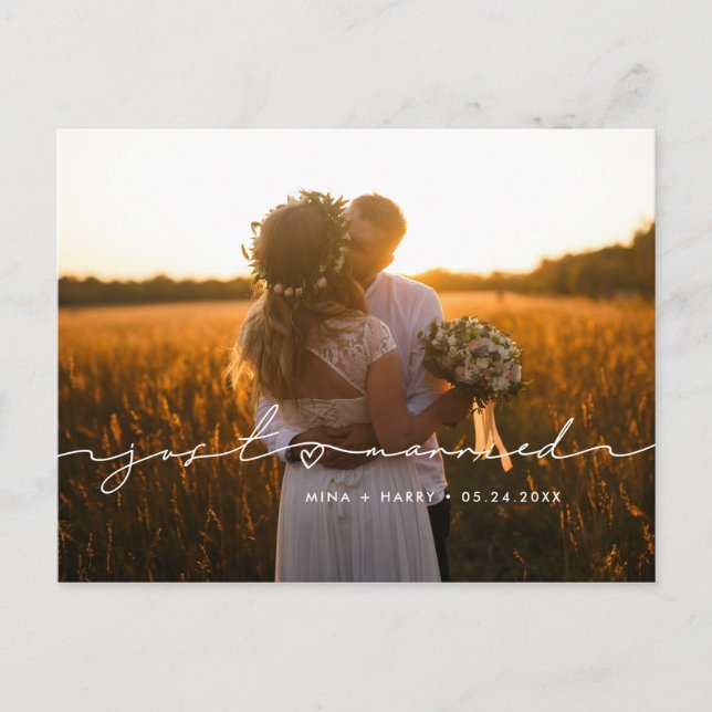 Just married Minimalist modern handwritten photo Announcement Postcard (Front)