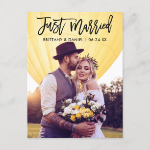 Just Married Modern Brush Script Photo Wedding Postcard