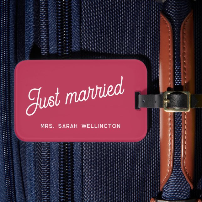 Just Married Modern Magenta Pink Honeymoon Luggage Tag (Front Insitu 4)