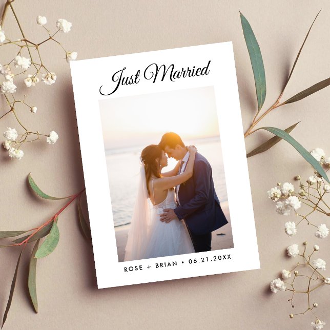 Just Married Modern Script Custom Photo Wedding  Announcement (Creator Uploaded)