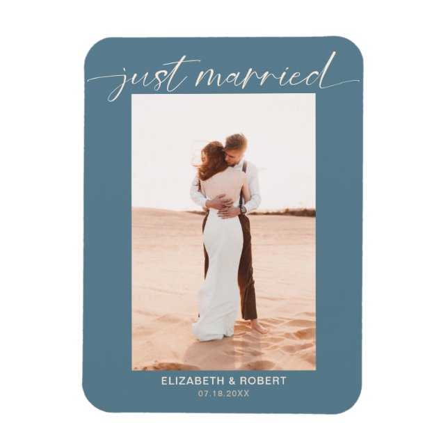 Just Married Modern Script Photo Blue Wedding Magnet (Vertical)