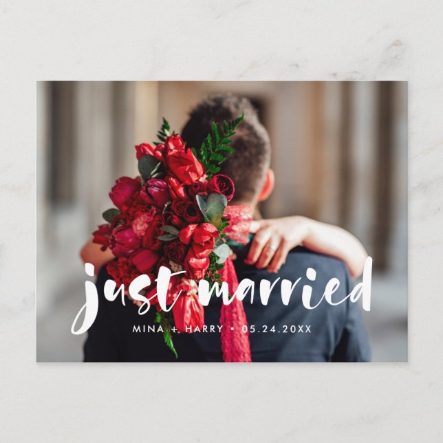 Just married Modern script wedding photo Postcard (Front)