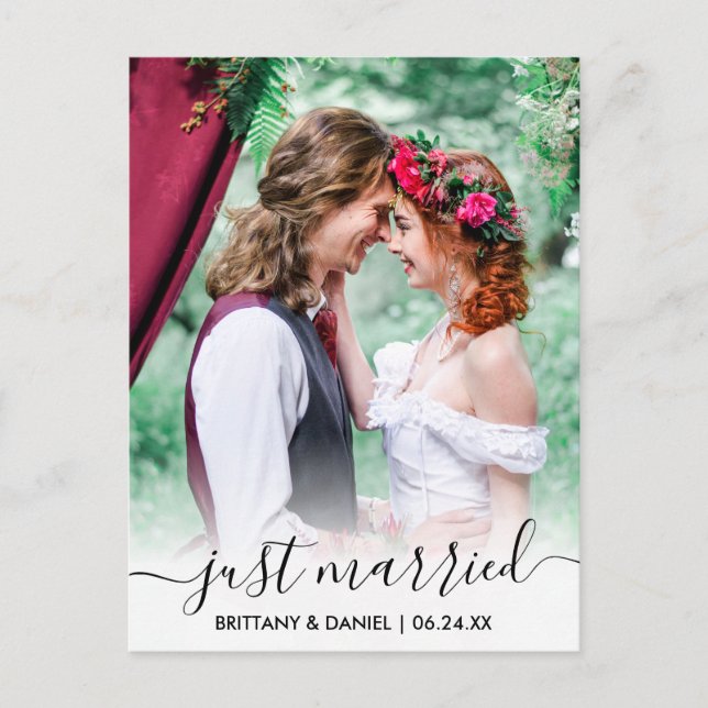 Just Married Modern Trendy Script Overlay Postcard (Front)