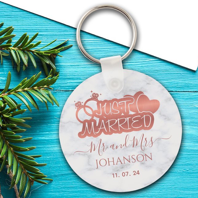 Just Married Mr and Mrs Rose Gold White Marble Keychain (Creator Uploaded)