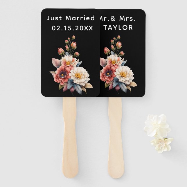 Just Married Mr. & Mrs. | Wedding Floral Monogram  Hand Fan (Front and Back)