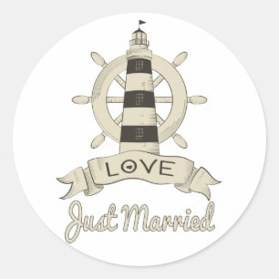Just Married Nautical Ship Anchor Tan Wedding Classic Round Sticker