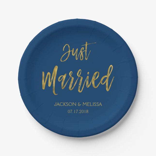 Just Married Navy Blue and Gold Foil Paper Plates (Front)