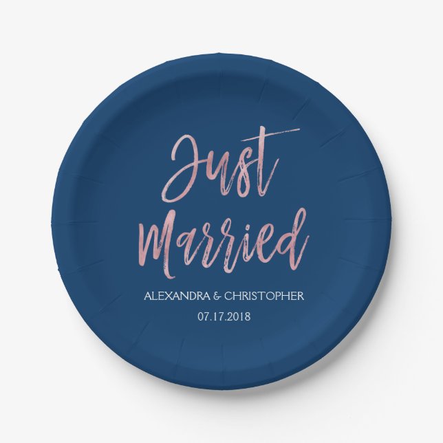 Just Married Navy Blue and Rose Gold Foil Paper Plate (Front)