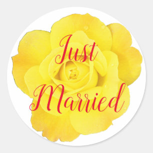Just Married Newly Weds Wedding Yellow Rose Custom Classic Round Sticker