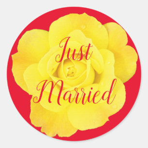 Just Married Newlywed Wedding Yellow Rose Colourfu Classic Round Sticker