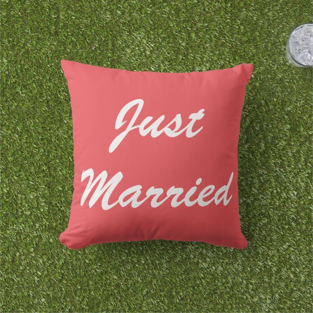 Just Married Newlyweds Custom Red Colourful Weddin Outdoor Pillow (Grass)