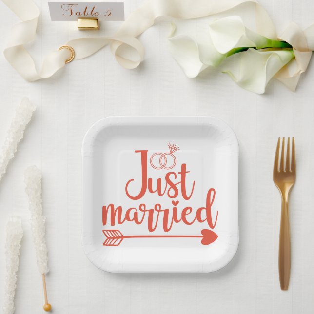 Just Married Orange Paper Plate (Wedding)