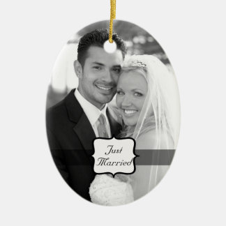Just Married Oval Photo Ornament Black & White