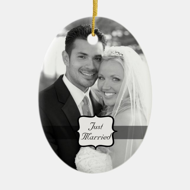 Just Married Oval Photo Ornament Black & White (Front)