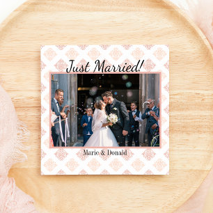 Just Married Peach Blush Damask Holiday Card